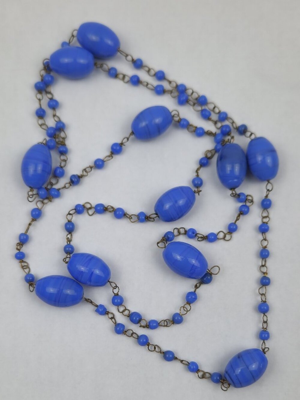 Antique Blue Swirl Glass Flapper Chain Necklace Hand Wired
